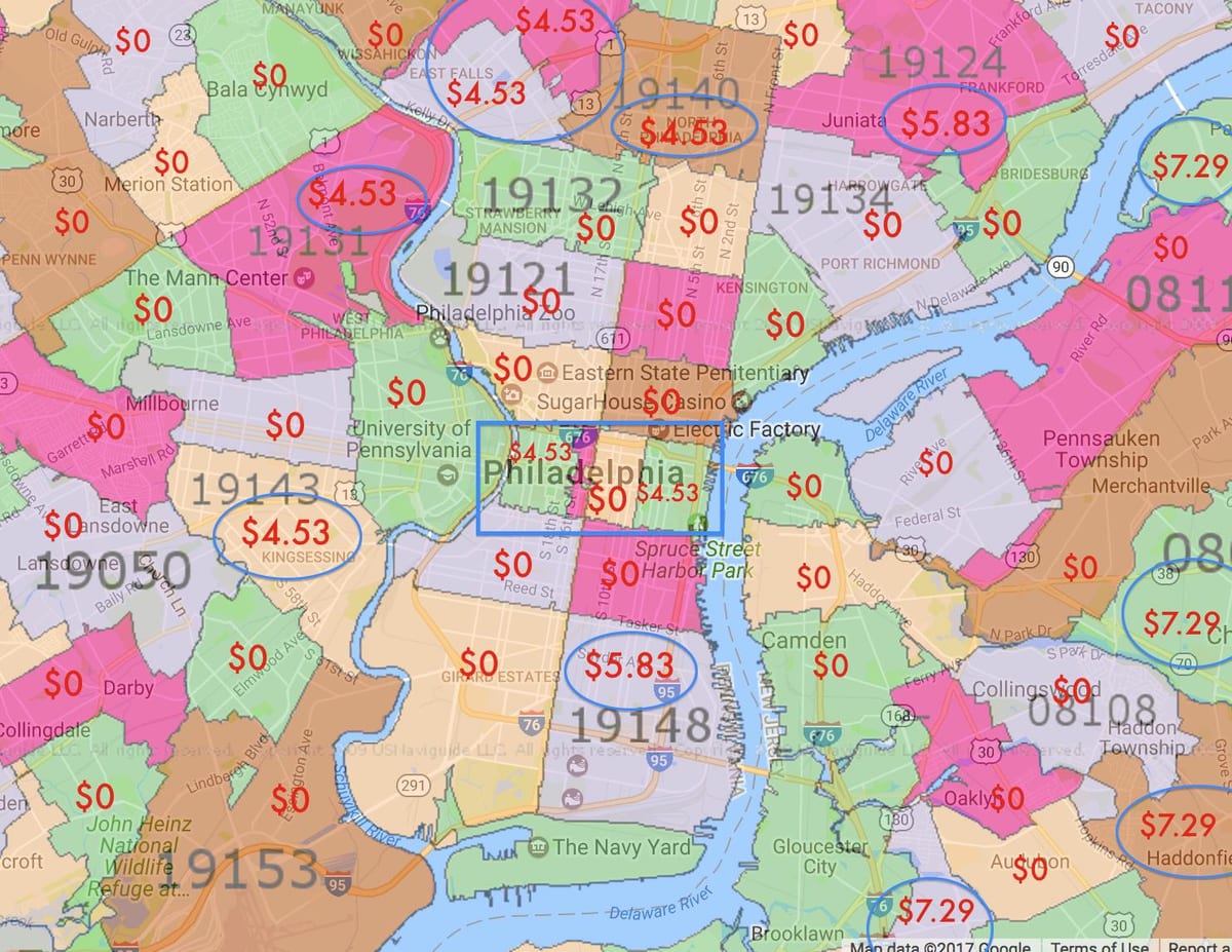 Philadelphia și zonele înconjurătoare hartă